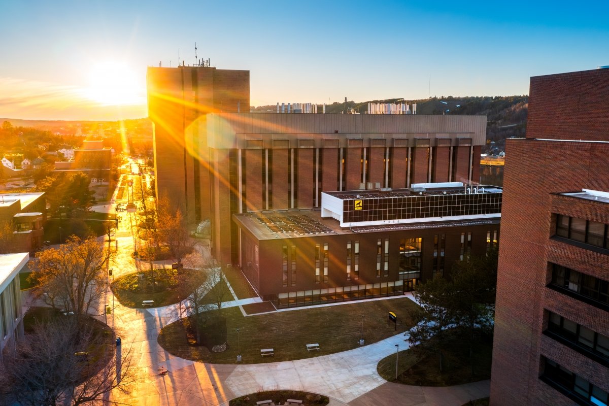 Aerial of Michigan Tech's campus and Portage Waterway