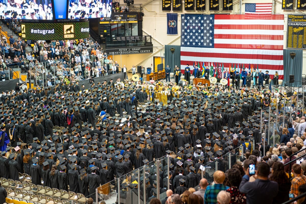 Students at commencement in the Ice Arena
