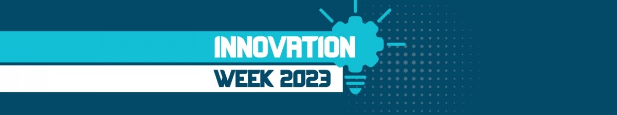 Graphic header with text reading Innovation Week 2023 and a lightbulb icon in shades of blue