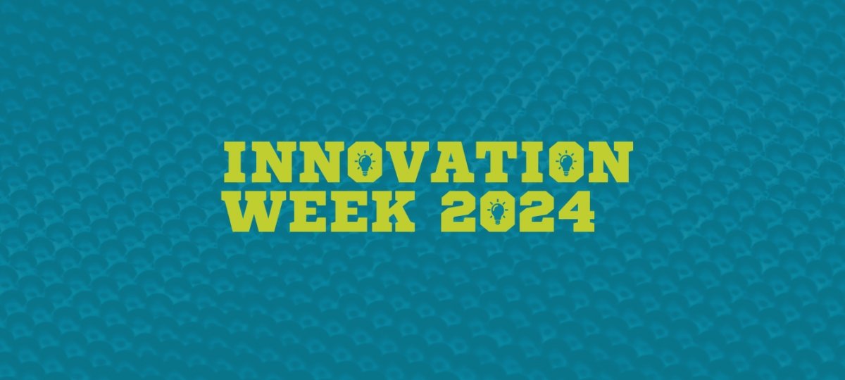 Graphic header with text reading Innovation Week 2024 and a lightbulb icon in shades of blue and green