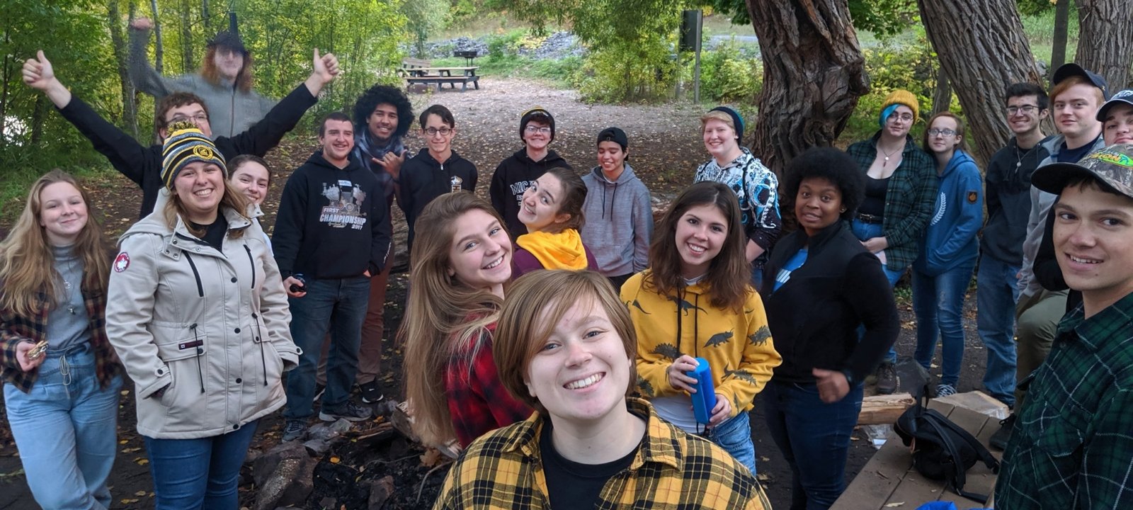 Students at a bonfire