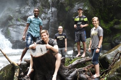 Students on a waterfall