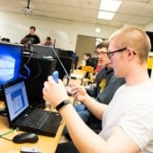 A student works on a computer.