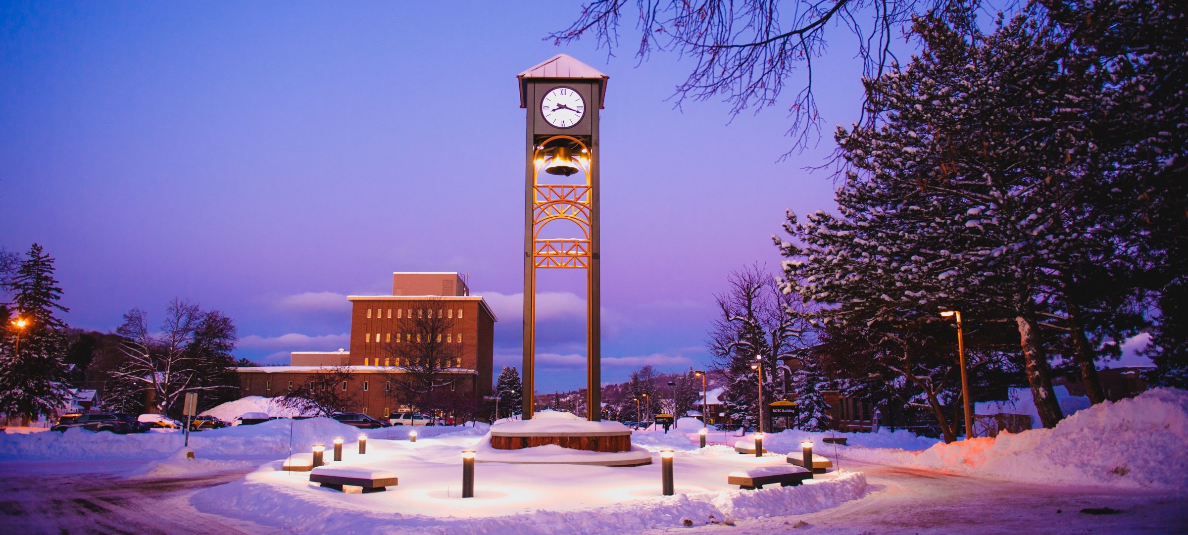 Clock tower on MTU campus in the winter