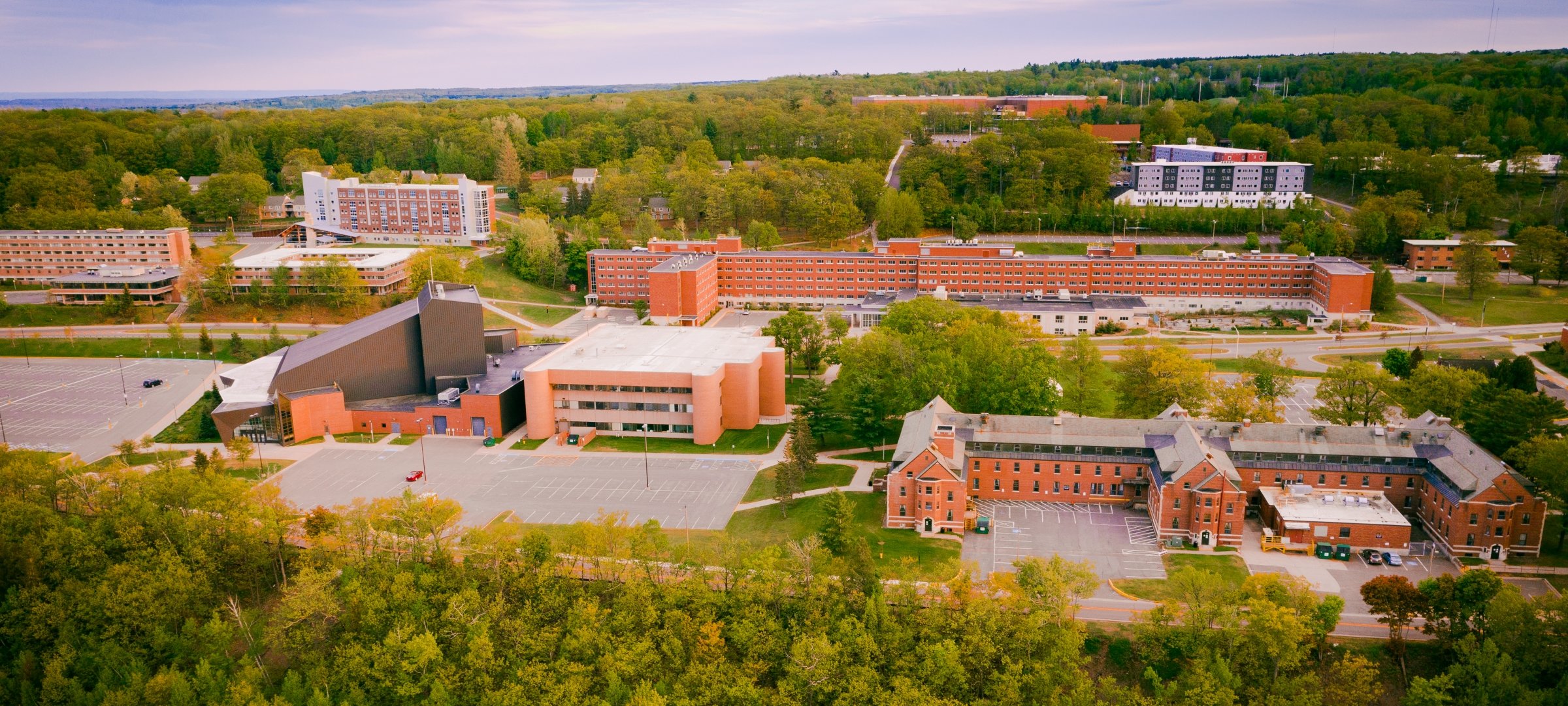 Wadsworth Hall, McNair Hall, Douglas Houghton Hall, and Hillside Place Drone Overview