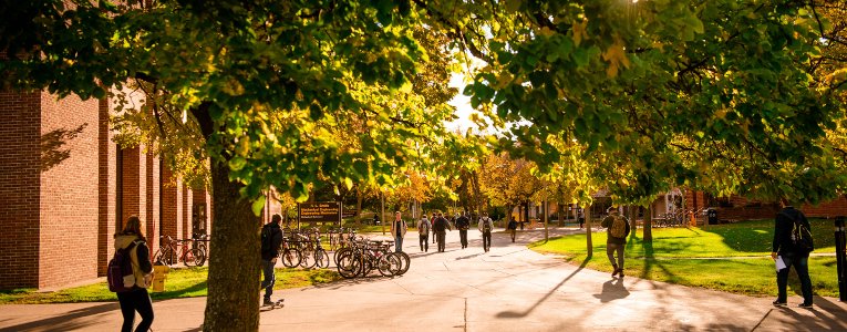 Students and faculty walking to class on campus.