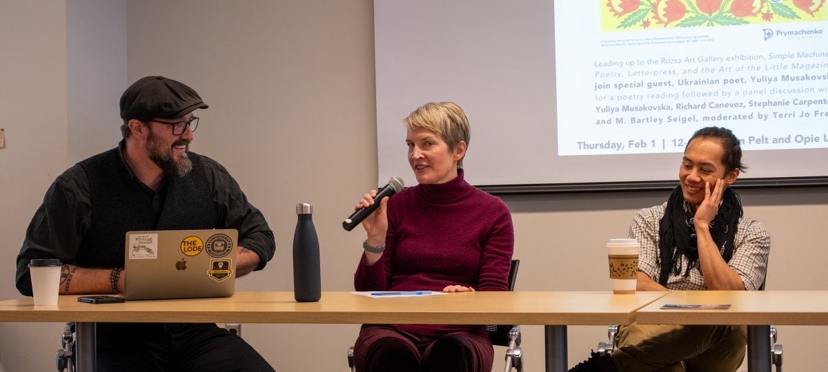 M. Bartley Seigel, Stephanie Carpenter, and Richard Canevez participate in a panel on Ukrainian art and activism.