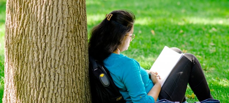 English student reading outside