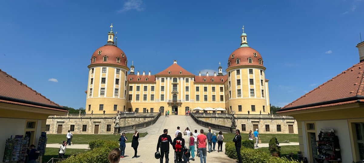 View of the front of Moritzburg Castle outside Dresden on a sunny day, taken by a German study abroad student.