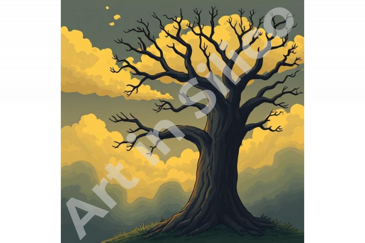 This AI-generated tree stands leafless in front of a dusky, cloudy sky