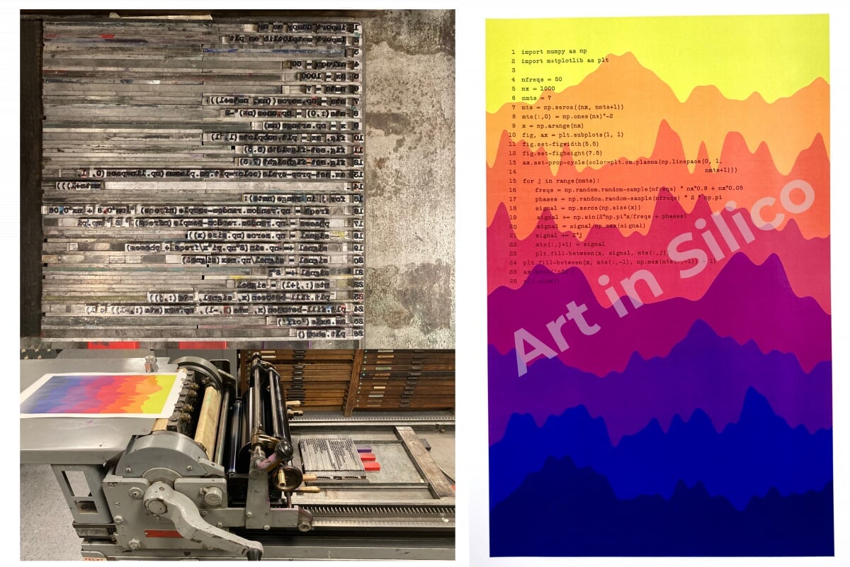A letterpress print over a colorful digital print.
