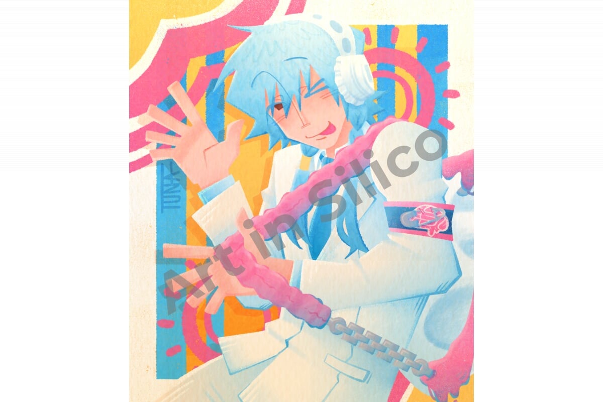 A brightly colored anime-styled drawing of a silly man doing a silly pose. 