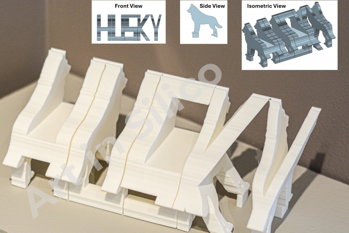 This white 3D printed sculpture can be read as husky or, from another angle, show the silhouette of a husky.