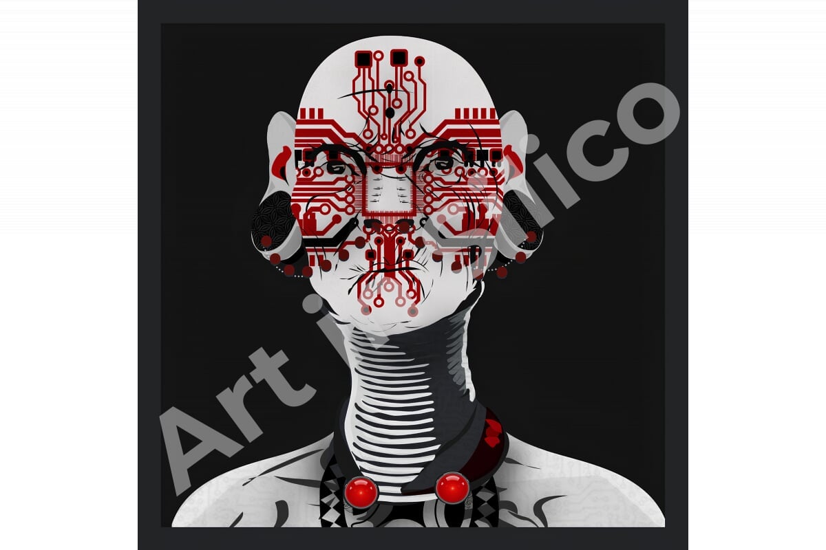 This digital artwork is a fusion of human identity and circuitry, illustrating how technology seeps into our essence. 