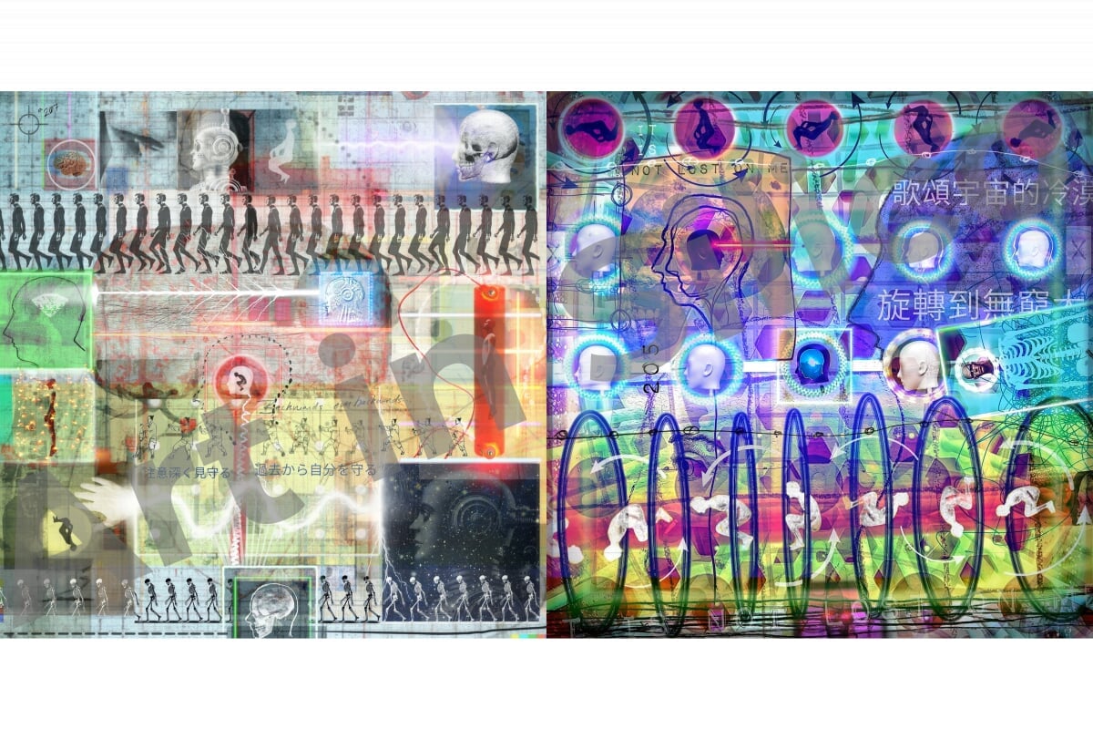 Two artworks made by Evan Brown which are digital composite images made with AI-generated and handdrawn elements