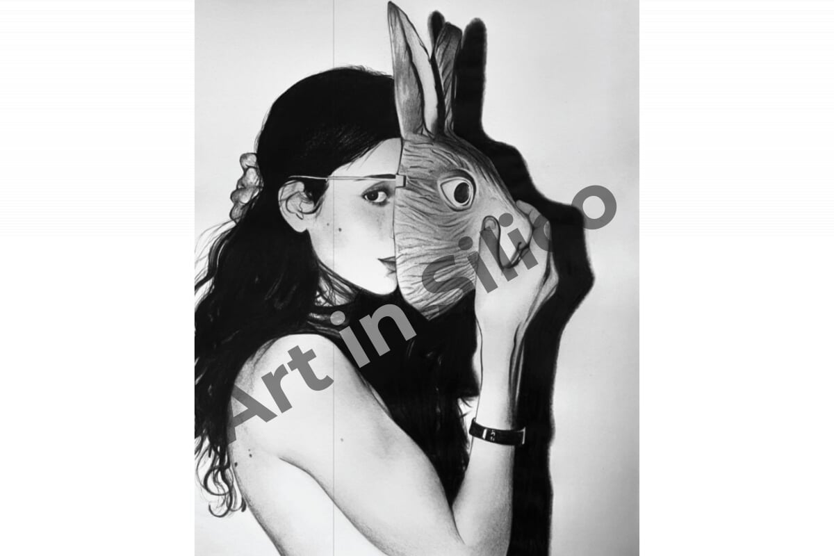 In this artwork, a woman stands peering out from behind a rabbit mask
