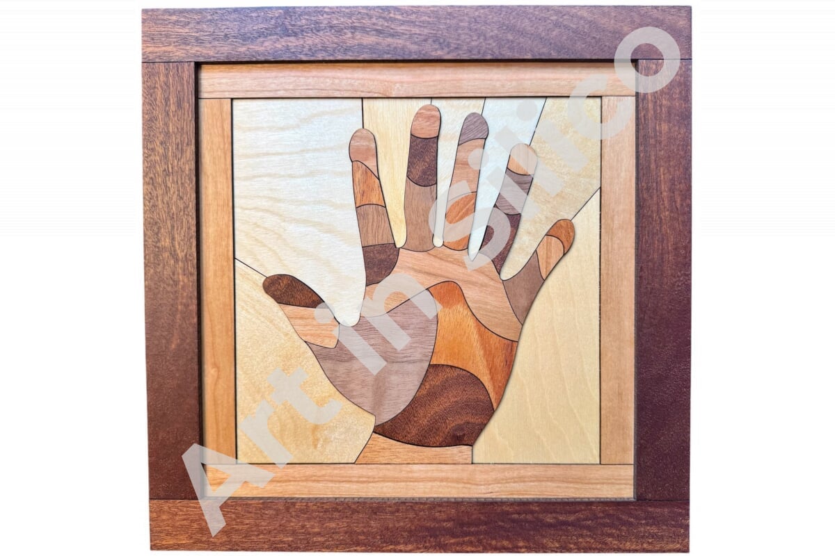 A wooden hand comprised of many types of wood along with an extra finger.