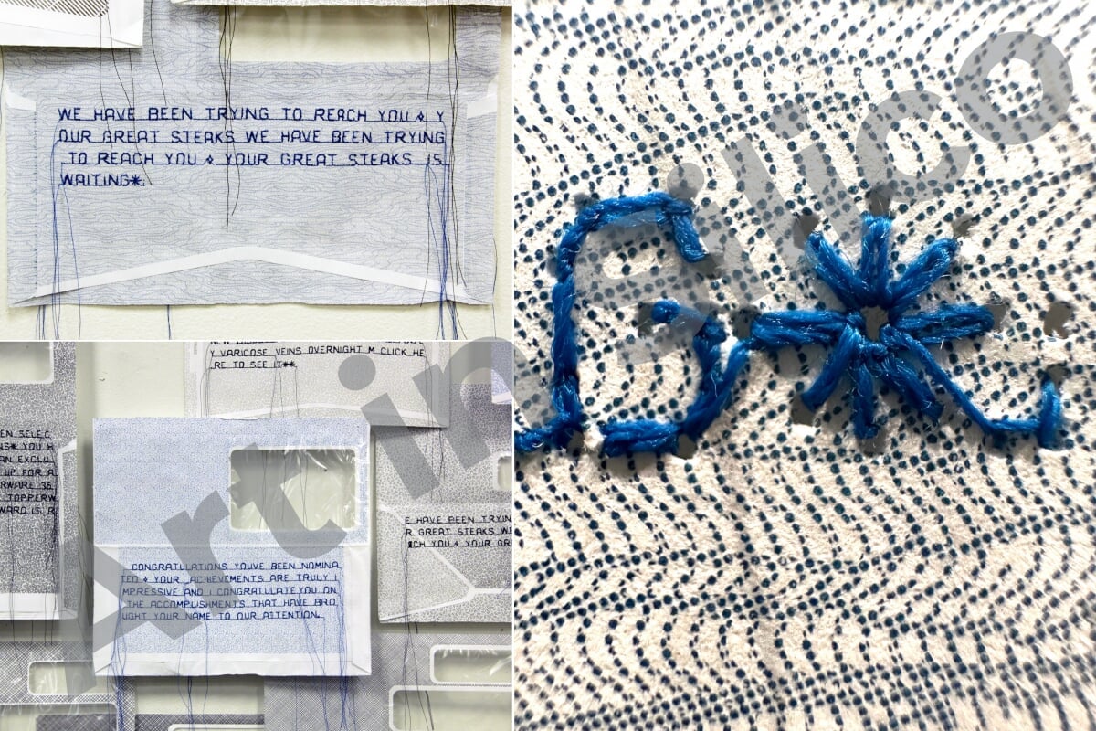 "Junkmail" Artwork made out of embroidery thread, security envelopes, and jumbled up sayings that marketers use.