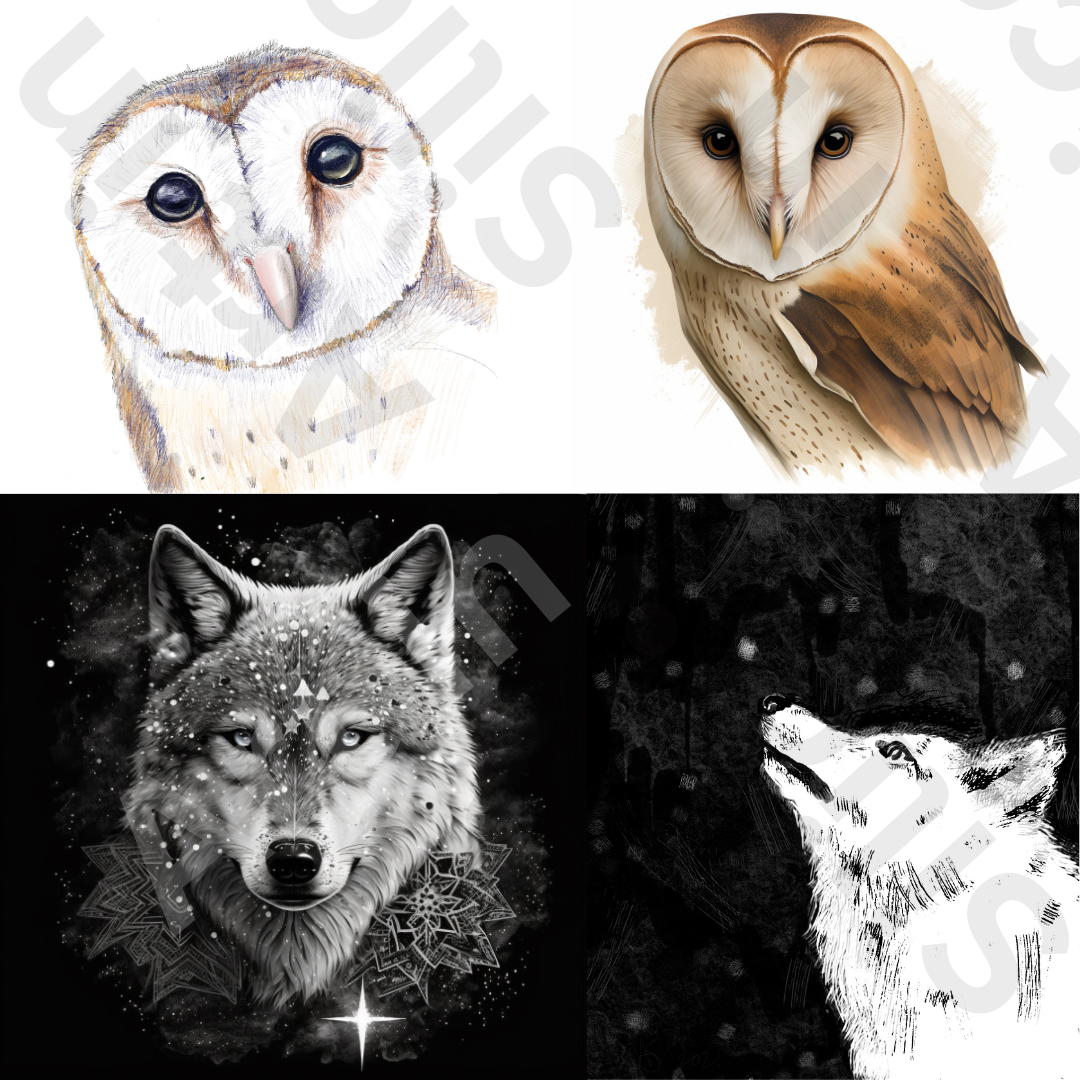 Four images of an illustrated barn owl, an AI-generated barn owl, an illustrated white wolf and snow, and an AI-generated white wolf and snow flakes. 
