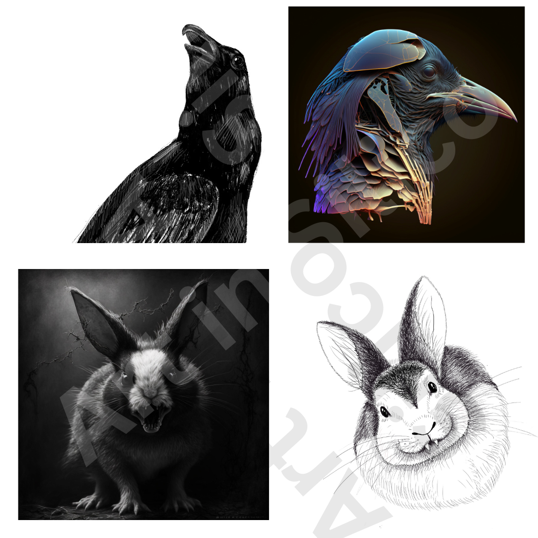 An illustration of a raven, and AI-generated raven, an illustration of a vampire balck and white rabbit, and an AI-generated vampire rabbit