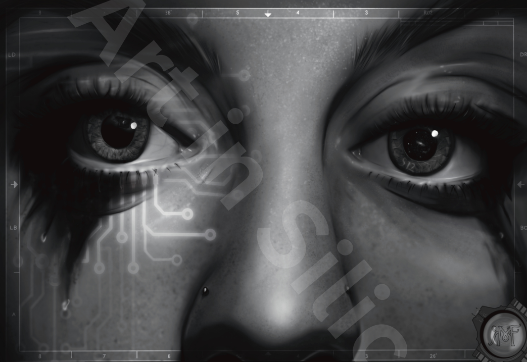 A digital image with human eyes and nose overlaid with circuits and computing images and text. 