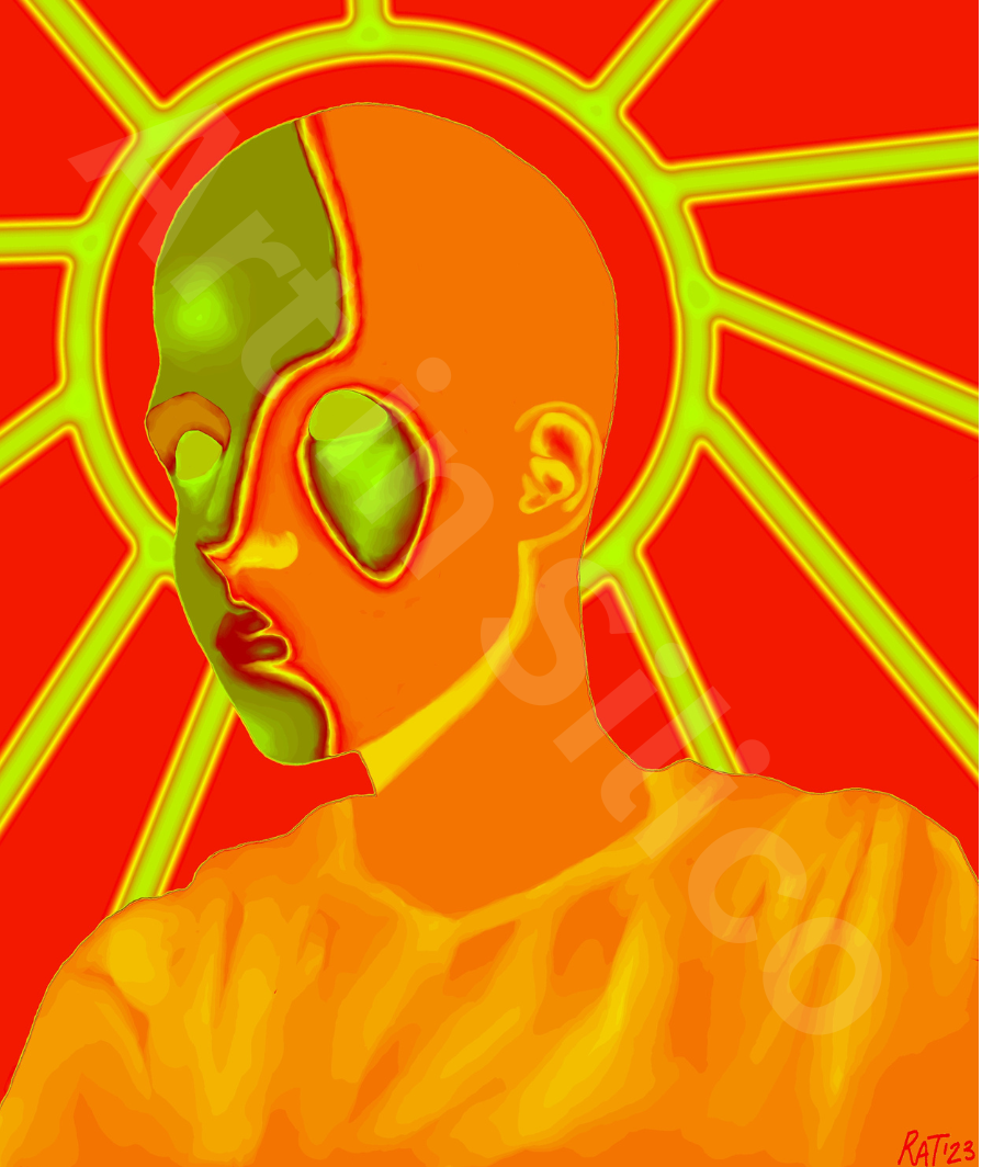 A digitial image of a human-like form in red, orange, and green