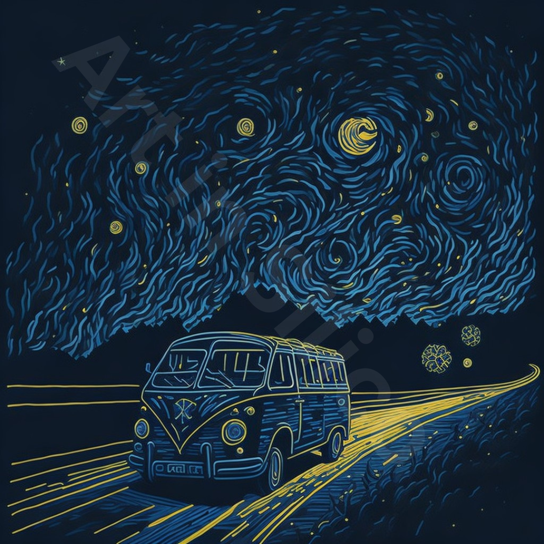 A digital image of a VW van in the style of Van Gogh