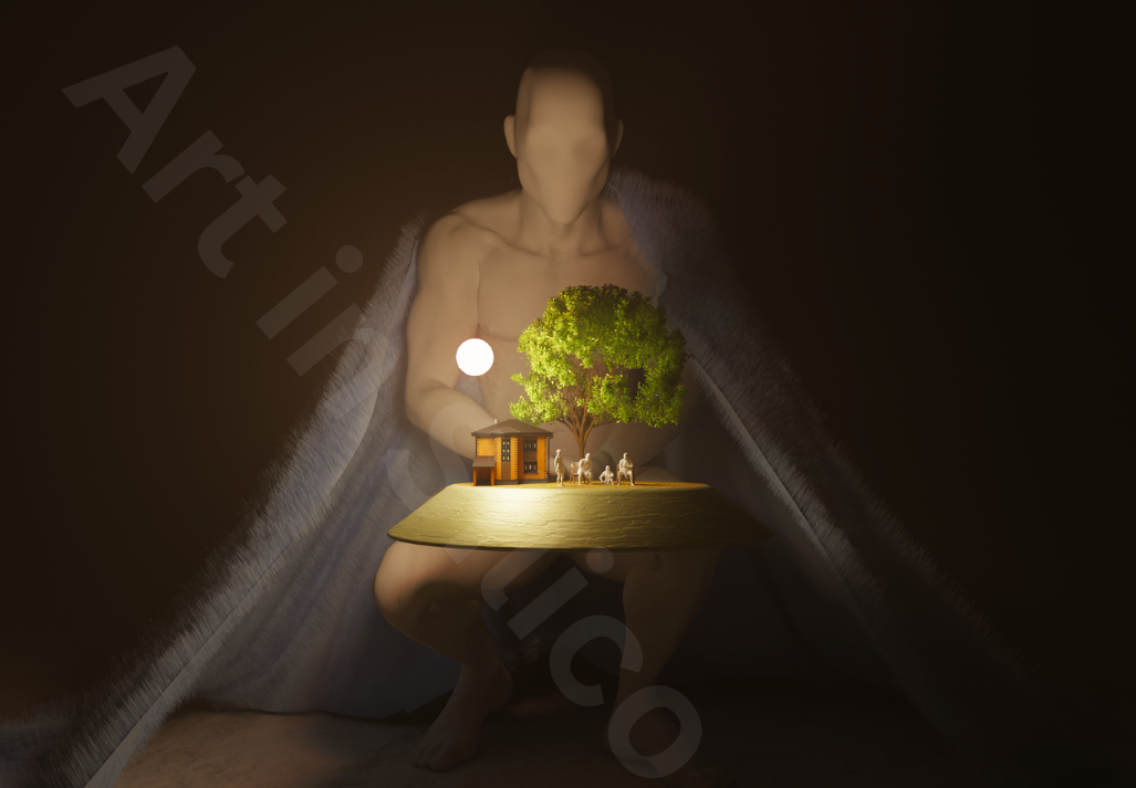 Digital image of a human form crouching with a platform and a small tree and house. 