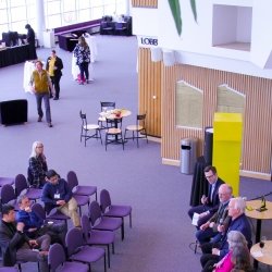 Computing MTU Showcase panel discussion overhead view in Rosza auditorium