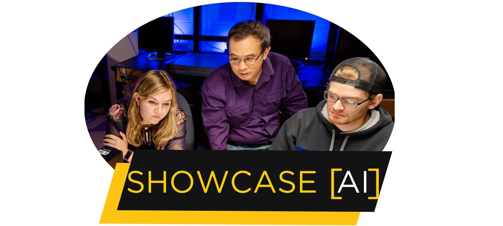 Showcase AI Graphic featuring Yu Cai and two students