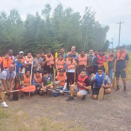 Students wearing lifejackets at Canoe Trip