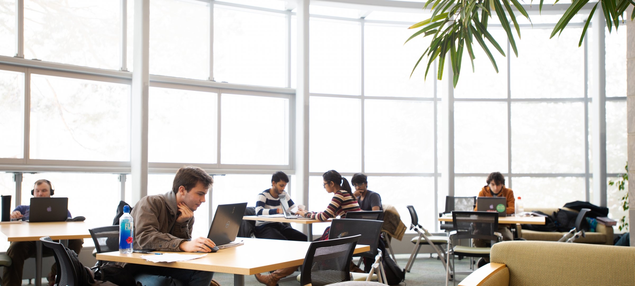 Students using computers in library study area.