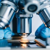 Microscope with close view of slide