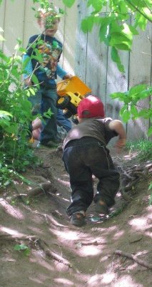 Two boys climbing a hill with trucks.