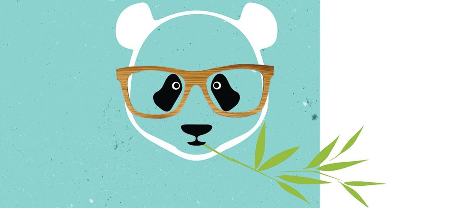 Illustrated panda with bamboo in its mouth wearing a pair of wooden glasses.