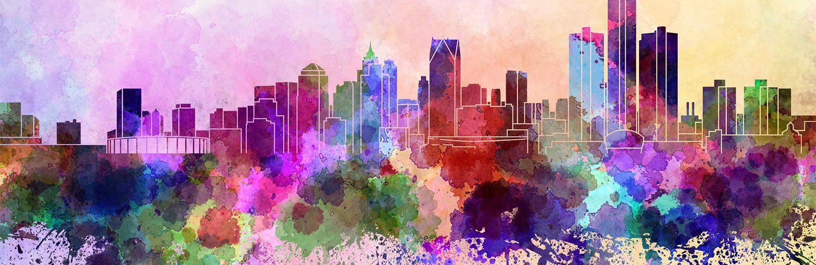 Illustrated city skyline in rainbow colors.