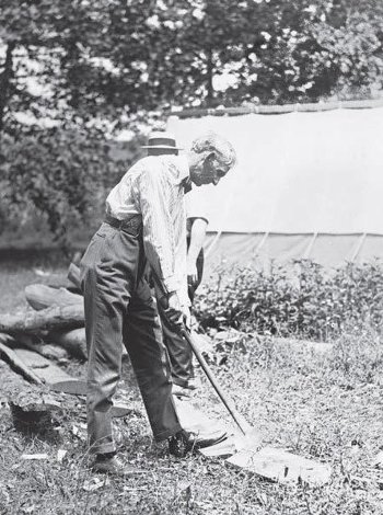 Henry Ford Historical image of Henry Ford chopping wood with an ax.