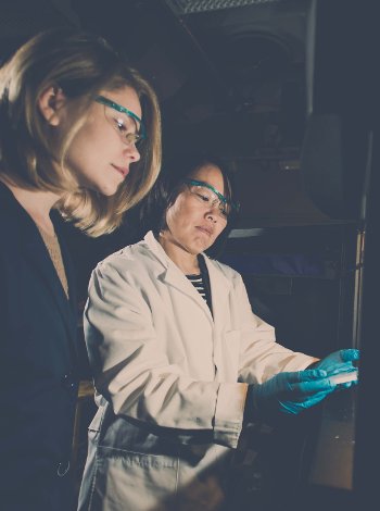 Female faculty and a female student working.