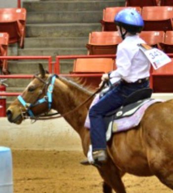 Blake riding a horse in a ring.