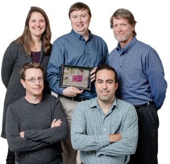 Five faculty with a tablet showing the app.