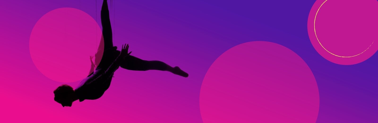 Purple background with pink circles and a dancer silhouette.