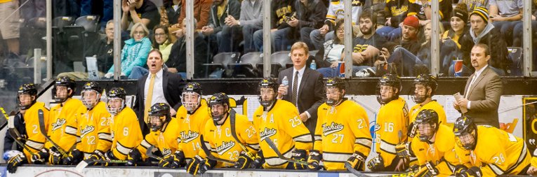 Coach Joe Shawhan and the Huskies hockey team The Huskies bench during a game.