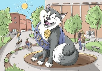 Illustration of husky dog with first place sash.