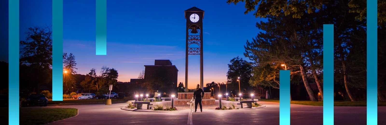 As the sun sets, the Bernard Family Clock Tower stands majestically on the campus of Michigan Tech. Dedicated on Aug. 2, 2018, the clock tower contains a large bell that rings for significant University events.