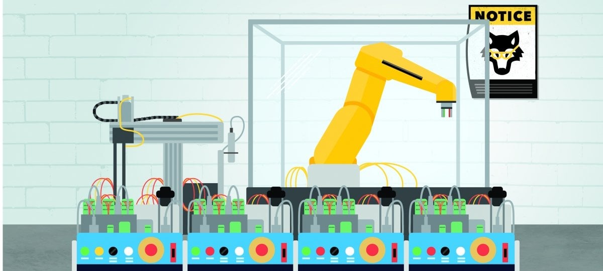 Illustrated robotic arm in a lab.