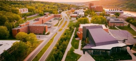 Aerial view of campus and the community in the background.