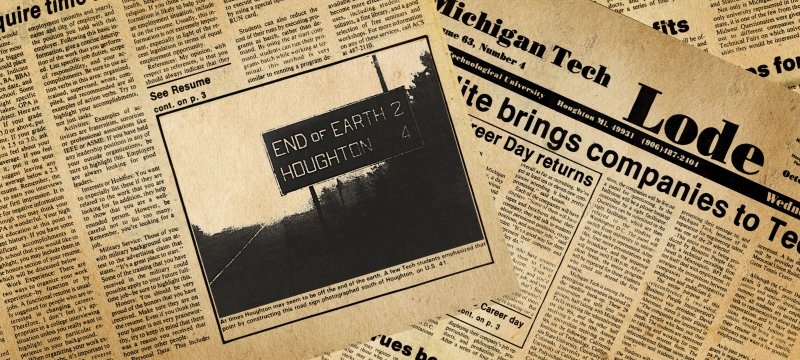 Yellowed newspaper pages from the Michigan Tech Lode.