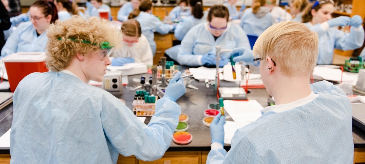 Two people wearing lab coats and latex gloves speak to each other while sitting at a table in a laboratory with bacterial cultures on the table.
