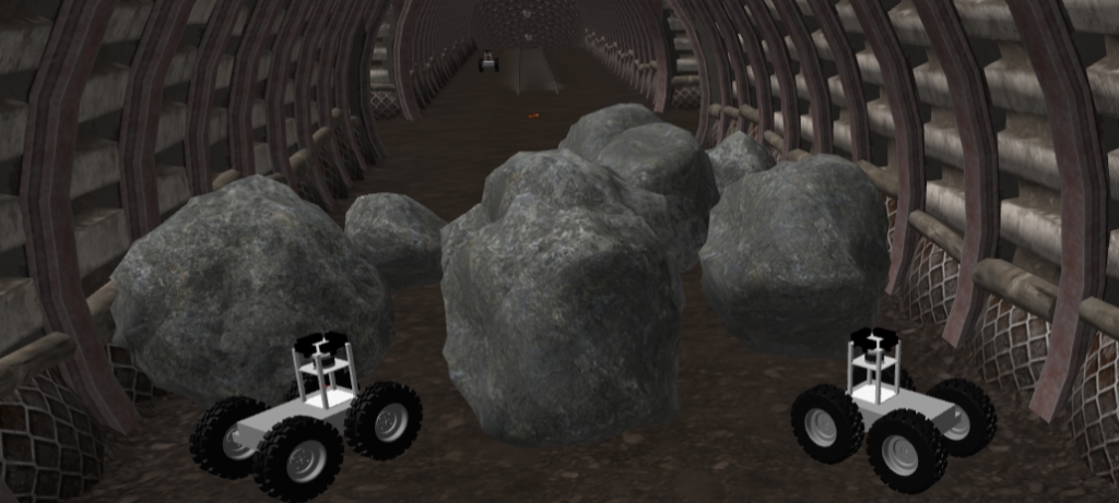 Two small, wheeled robots encounter large boulders blocking their path in a darkened tunnel in a virtual environment.