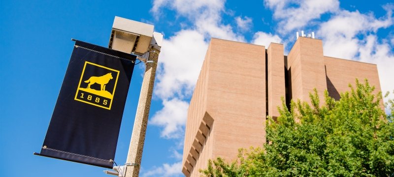 Michigan Tech icon on a black banner hanging from a light pole in front of the Mechanical Engineering building.